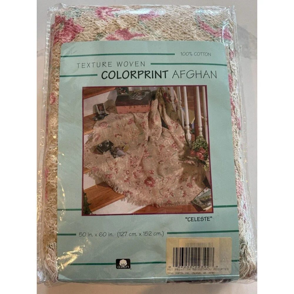 Vintage Texture Woven Cotton Colorprint Afghan Throw Floral Celeste NEW 50 X 60